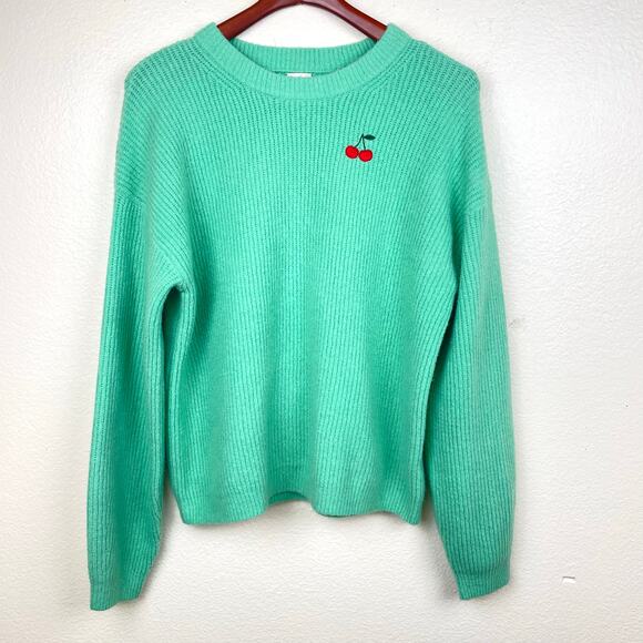 a new day Sweaters - Womens Sweater Sz L Cottage Embroidered Cherry Thick Chunky Seafoam Kidcore
